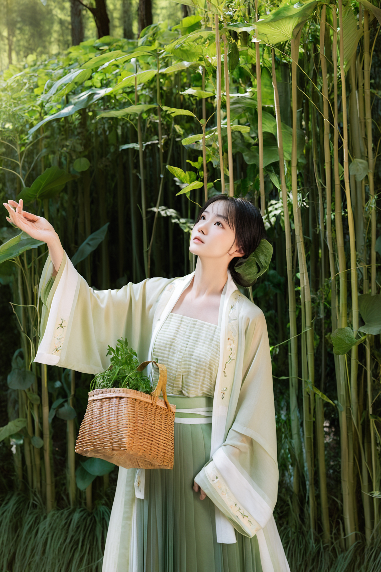 04431-2655431537-a young woman in song style hanfu, grenn duijin shan, green pleated skirt, which is predominantly white. She stands amidst a bac.png